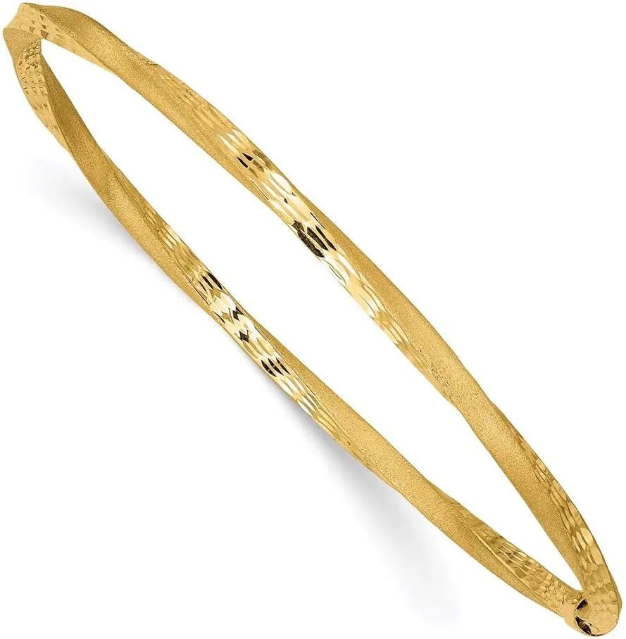 14K Yellow Gold 3mm Satin Finish Diamond-Cut Twist Slip-on Bangle Bracelet - 8"