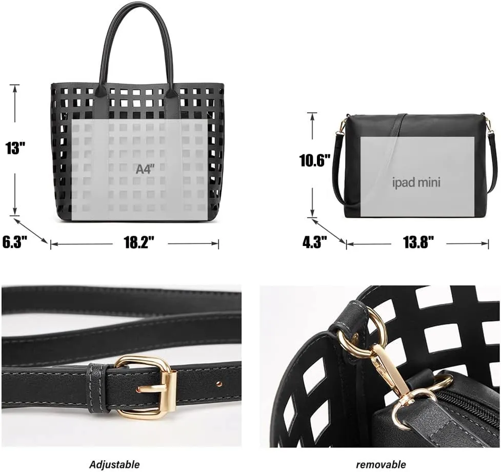 2 Pcs Handbags for Women Tote Bags Purses Set Faux Leather Satchel Hollowed Out Bag Large Capacity Shoulder Bag