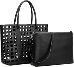 2 Pcs Handbags for Women Tote Bags Purses Set Faux Leather Satchel Hollowed Out Bag Large Capacity Shoulder Bag