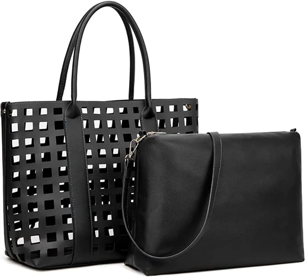 2 Pcs Handbags for Women Tote Bags Purses Set Faux Leather Satchel Hollowed Out Bag Large Capacity Shoulder Bag
