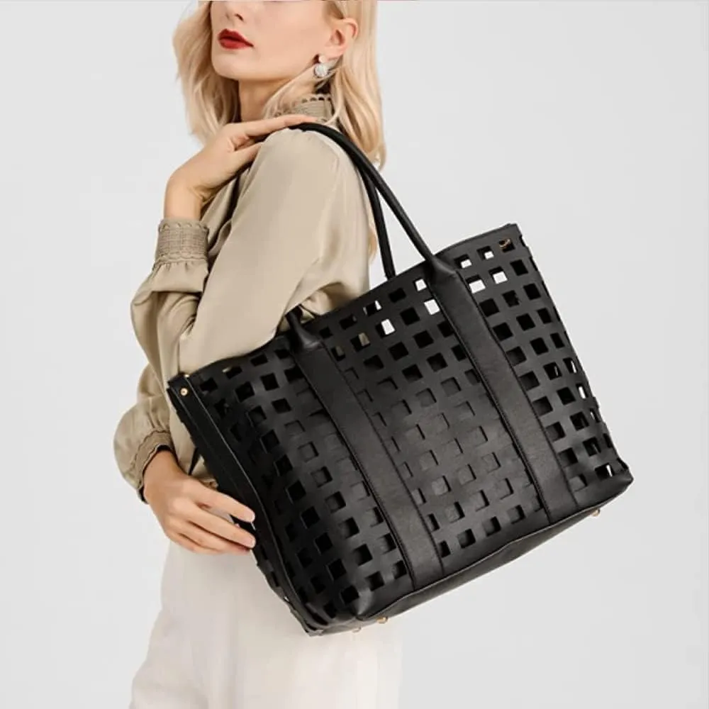 2 Pcs Handbags for Women Tote Bags Purses Set Faux Leather Satchel Hollowed Out Bag Large Capacity Shoulder Bag