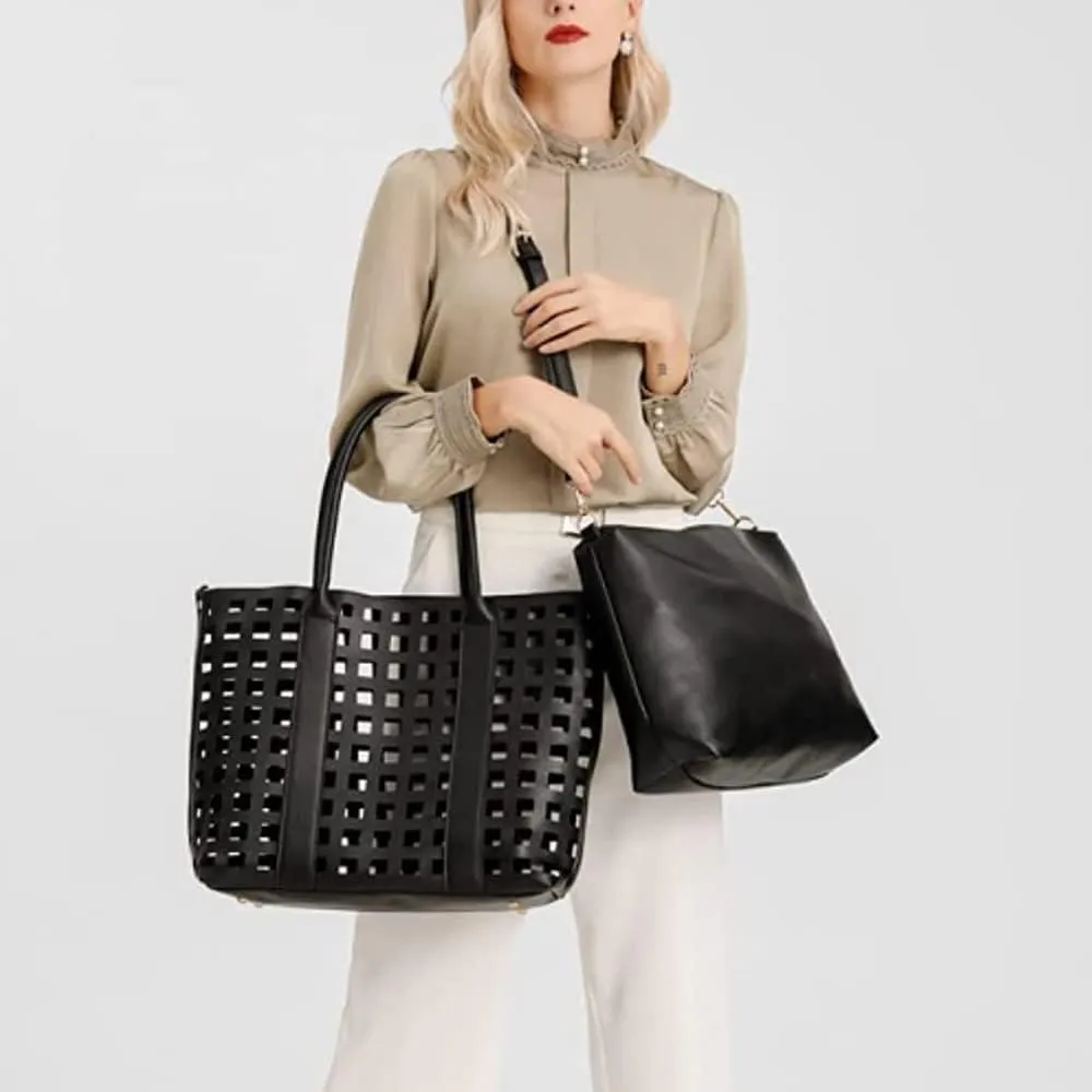 2 Pcs Handbags for Women Tote Bags Purses Set Faux Leather Satchel Hollowed Out Bag Large Capacity Shoulder Bag