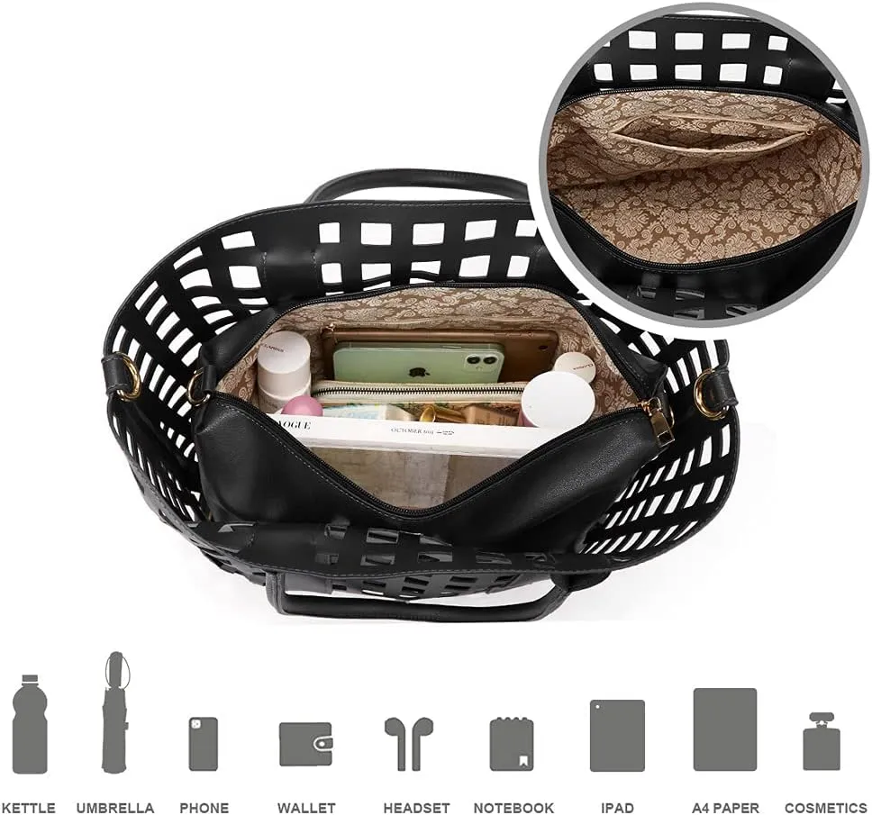 2 Pcs Handbags for Women Tote Bags Purses Set Faux Leather Satchel Hollowed Out Bag Large Capacity Shoulder Bag