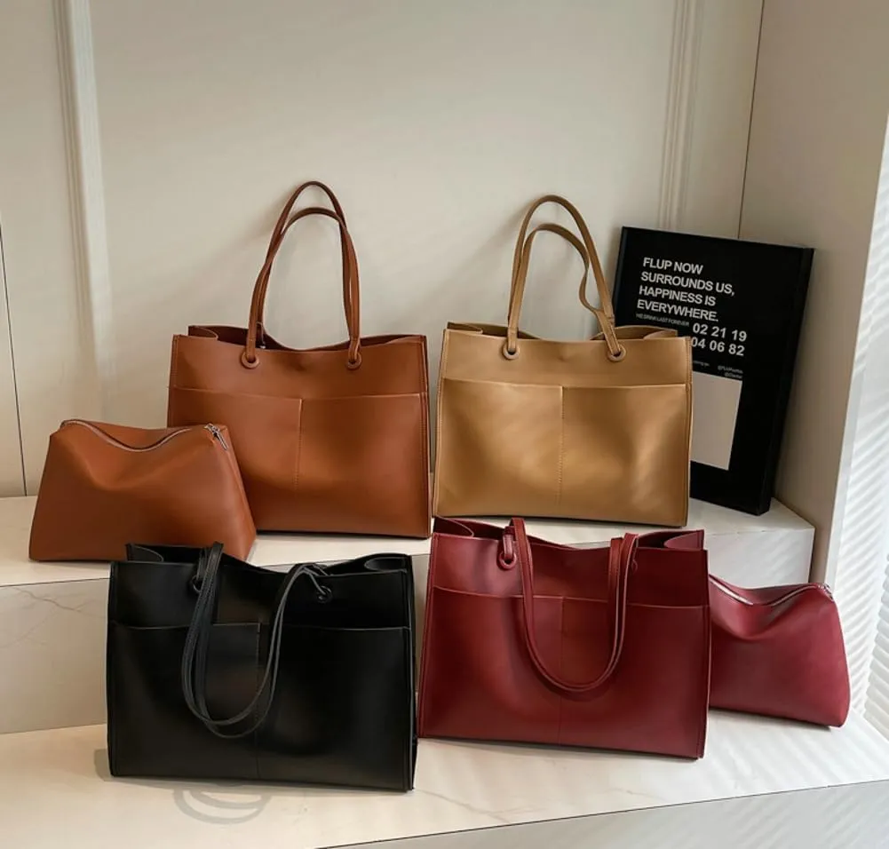 2 Pcs Slouchy PU Leather Hobo Bags Women Trendy Crescent Crossbody Purse Top-handle Satchels Shoulder Bag Tote Handbag