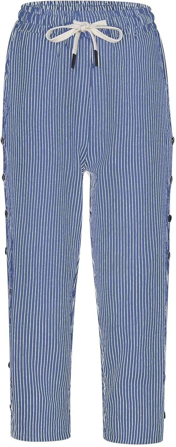2024 Casual Striped Linen Capris Pants for Women Wide Leg Elastic Waist Drawstring Cropped Lounge Trousers with Button Decor