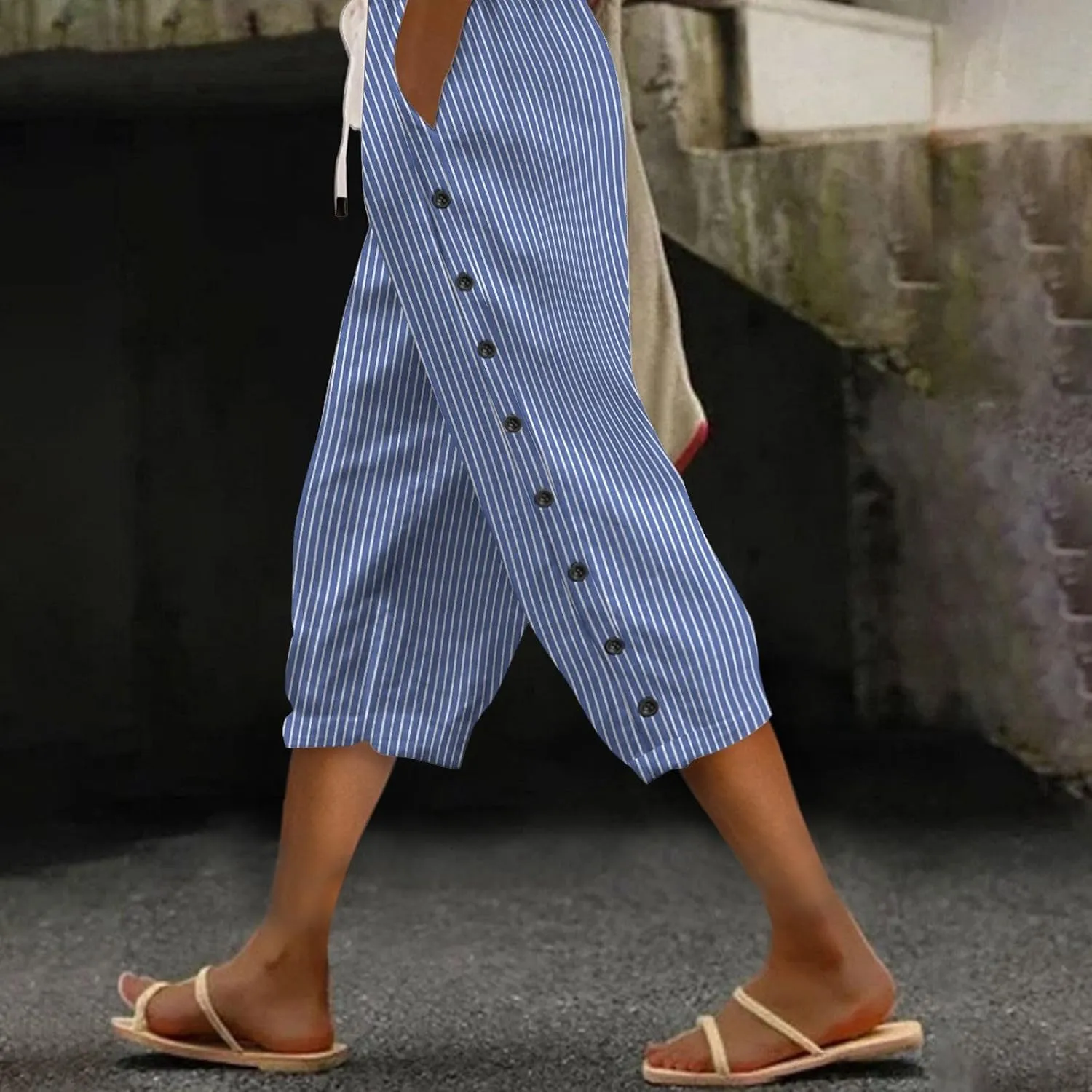 2024 Casual Striped Linen Capris Pants for Women Wide Leg Elastic Waist Drawstring Cropped Lounge Trousers with Button Decor