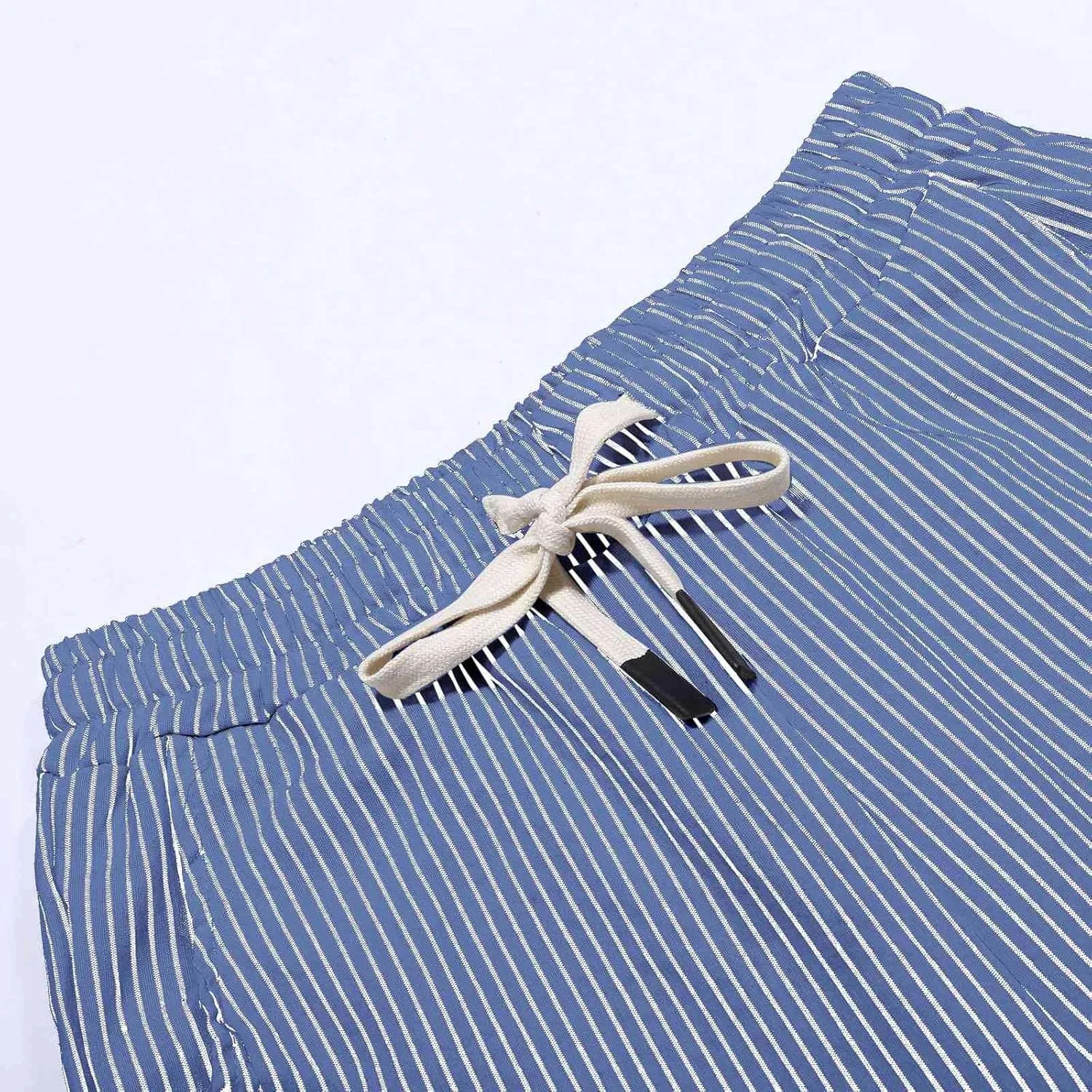 2024 Casual Striped Linen Capris Pants for Women Wide Leg Elastic Waist Drawstring Cropped Lounge Trousers with Button Decor