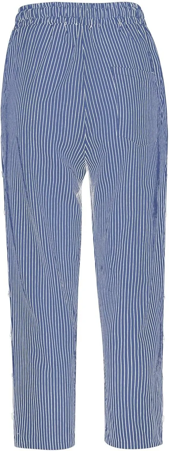 2024 Casual Striped Linen Capris Pants for Women Wide Leg Elastic Waist Drawstring Cropped Lounge Trousers with Button Decor