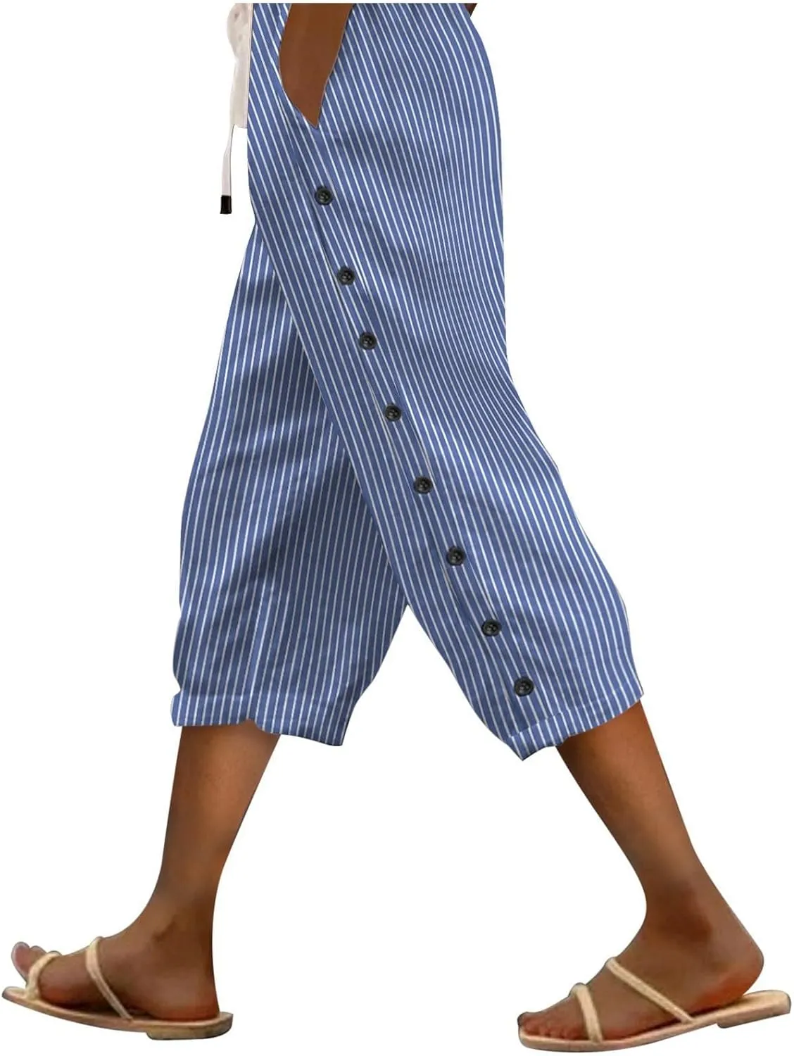 2024 Casual Striped Linen Capris Pants for Women Wide Leg Elastic Waist Drawstring Cropped Lounge Trousers with Button Decor