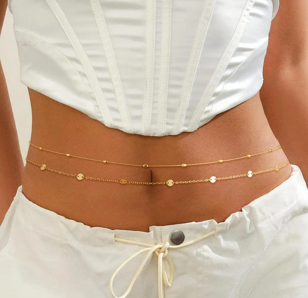 2PCS 14K Gold Plated Waist Chains for Women Pearl Satellite Figaro Gold Belly Body Chain Adjustable Layered Sexy Waist Chains Bikini Summer Beach Everyday Jewelry for Women