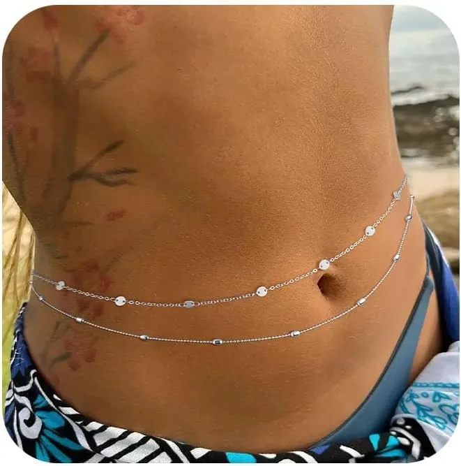 2PCS 14K Gold Plated Waist Chains for Women Pearl Satellite Figaro Gold Belly Body Chain Adjustable Layered Sexy Waist Chains Bikini Summer Beach Everyday Jewelry for Women