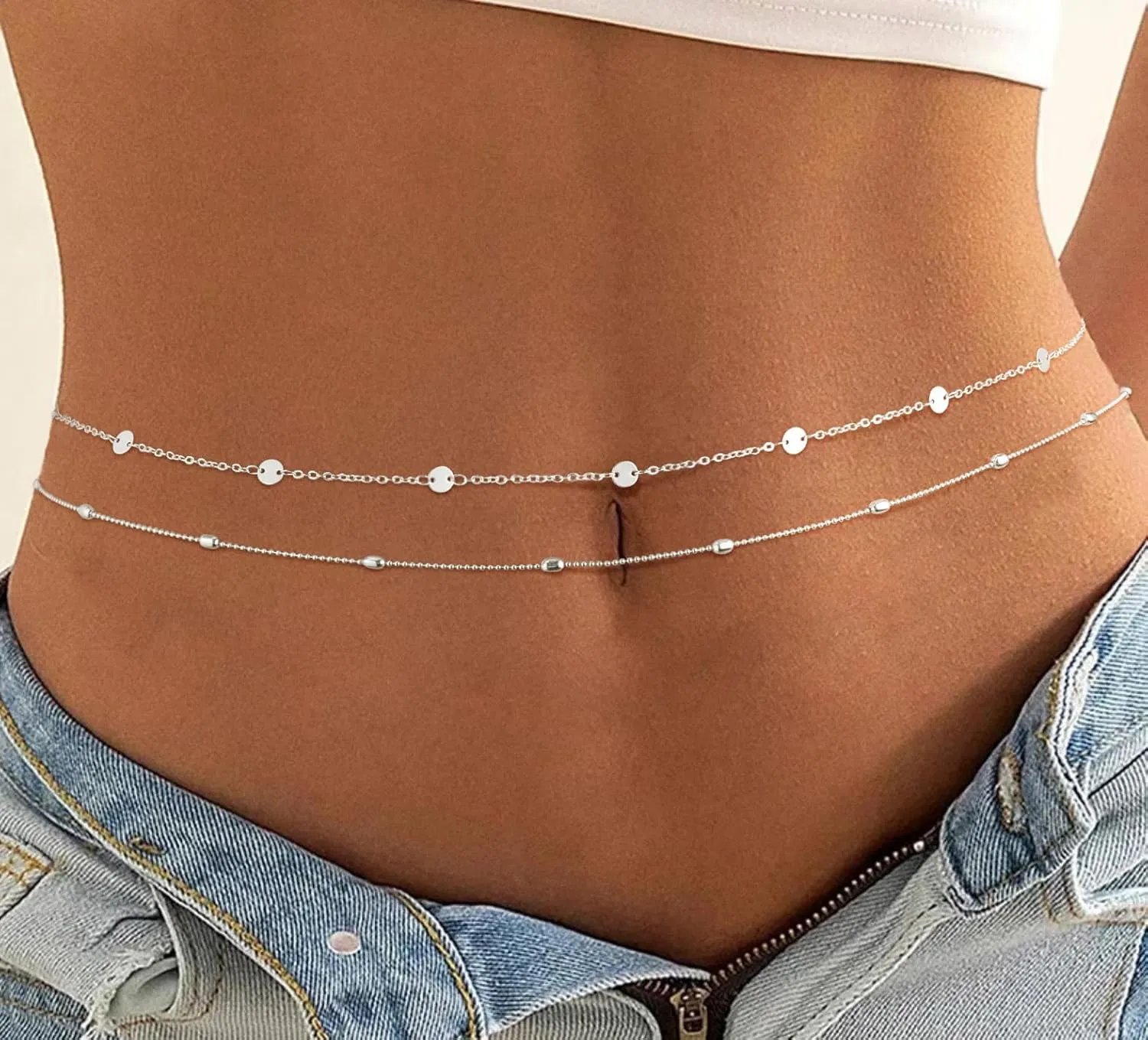 2PCS 14K Gold Plated Waist Chains for Women Pearl Satellite Figaro Gold Belly Body Chain Adjustable Layered Sexy Waist Chains Bikini Summer Beach Everyday Jewelry for Women