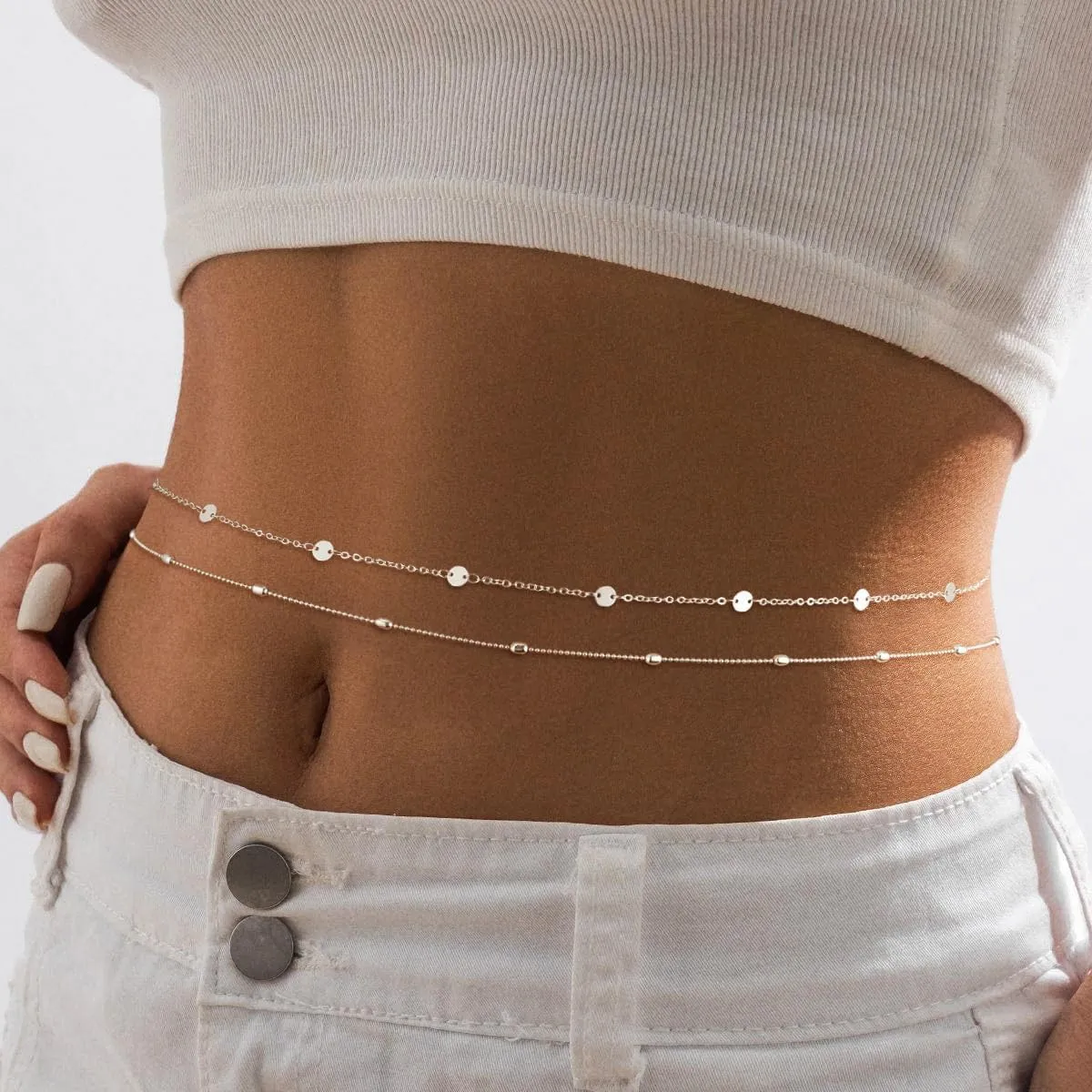 2PCS 14K Gold Plated Waist Chains for Women Pearl Satellite Figaro Gold Belly Body Chain Adjustable Layered Sexy Waist Chains Bikini Summer Beach Everyday Jewelry for Women
