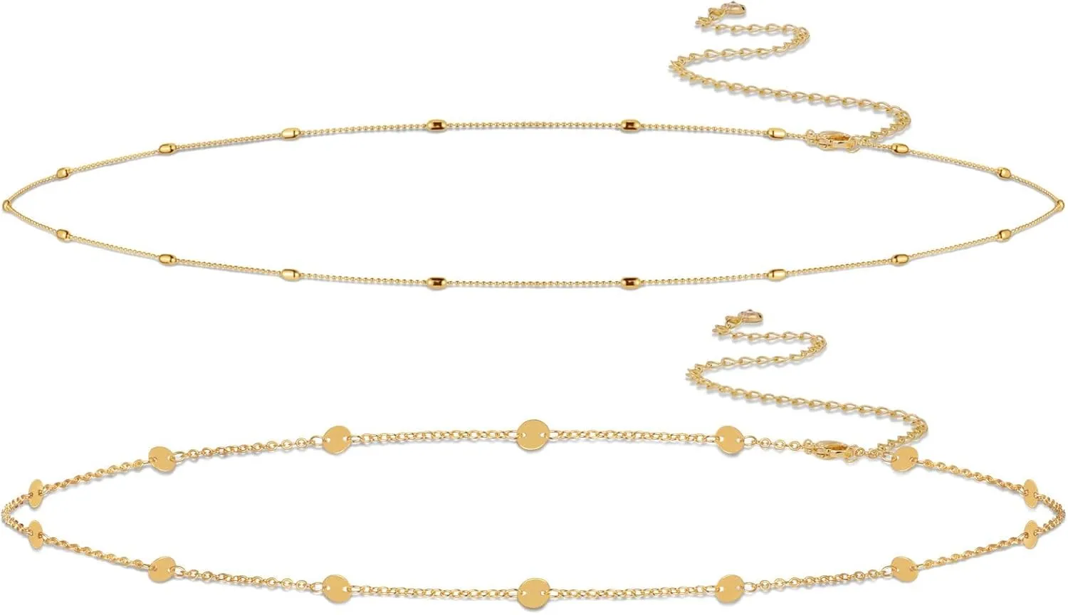 2PCS 14K Gold Plated Waist Chains for Women Pearl Satellite Figaro Gold Belly Body Chain Adjustable Layered Sexy Waist Chains Bikini Summer Beach Everyday Jewelry for Women