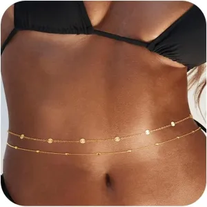 2PCS 14K Gold Plated Waist Chains for Women Pearl Satellite Figaro Gold Belly Body Chain Adjustable Layered Sexy Waist Chains Bikini Summer Beach Everyday Jewelry for Women