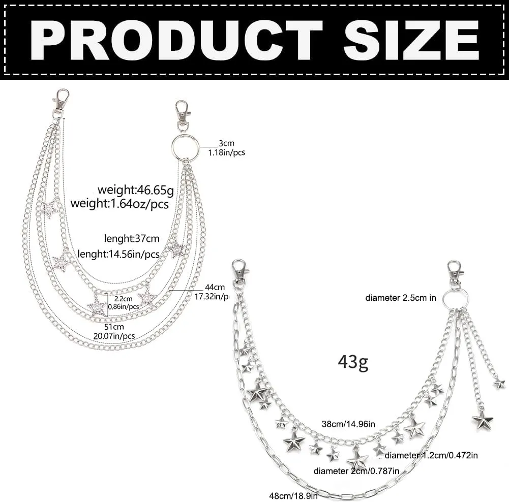 2Pcs Hip Hop Pants Jean Chains Gothic Punk Silver Trousers Chains Wallet Pocket Chains Layered Keychains Body Jewelry for Men and Women