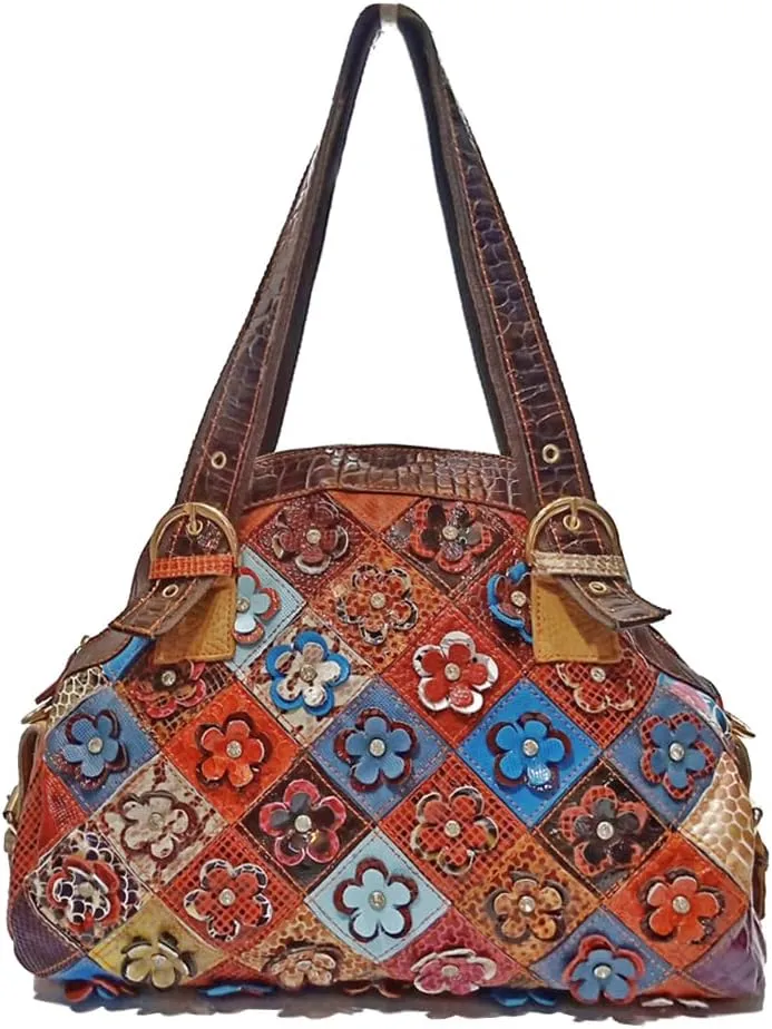 3D Flower Colorful Patchwork Hobo Purse Leather Handbag Colorful Designer Shoulder Bag Travel Work Crossbody Satchels