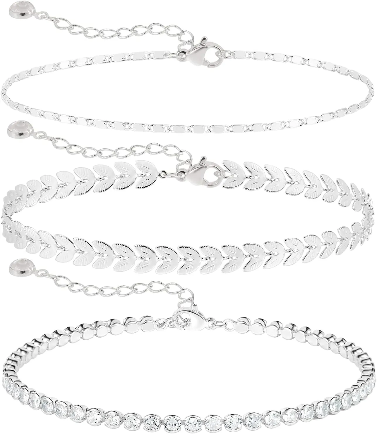 3PCS 14K Gold Plated Anklets for Women Waterproof, Ankle Bracelets for Women,Herringbone Cuban Link Anklet Bracelets for Women Layered simple Adjustable Anklets Set Jewelry Gift for Women