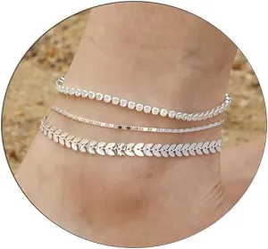 3PCS 14K Gold Plated Anklets for Women Waterproof, Ankle Bracelets for Women,Herringbone Cuban Link Anklet Bracelets for Women Layered simple Adjustable Anklets Set Jewelry Gift for Women