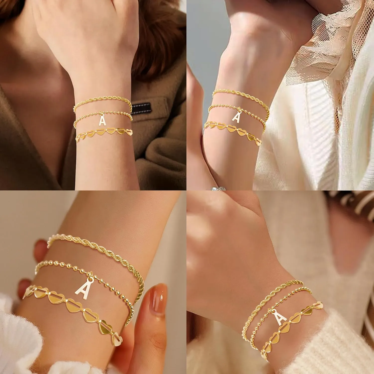 3PCS Gold Initial Bracelets for Women Gold Charm Plated Bracelet Stack Stackable 14k Gold Letter Chain Heart Bracelet Women Gold Jewelry Beaded Bracelet Gifts