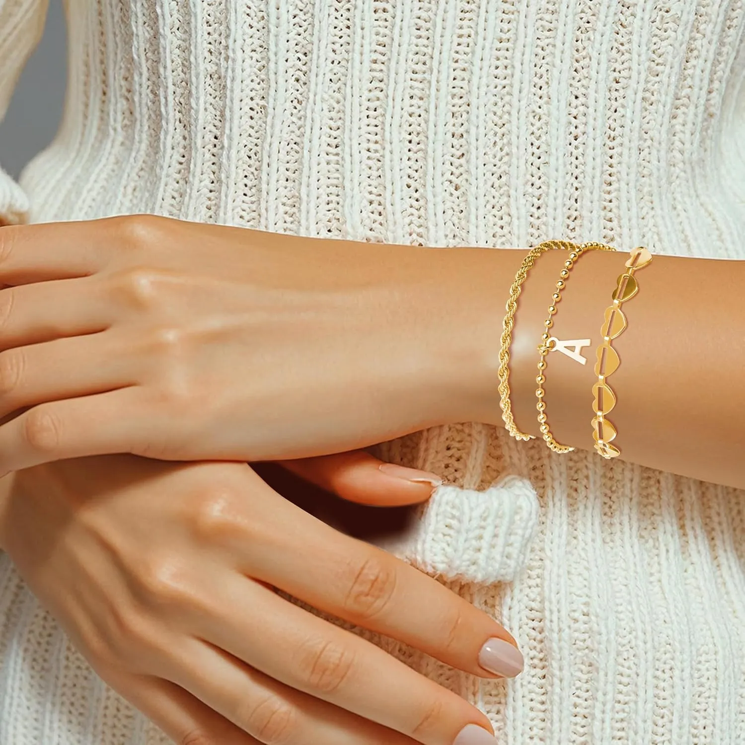 3PCS Gold Initial Bracelets for Women Gold Charm Plated Bracelet Stack Stackable 14k Gold Letter Chain Heart Bracelet Women Gold Jewelry Beaded Bracelet Gifts