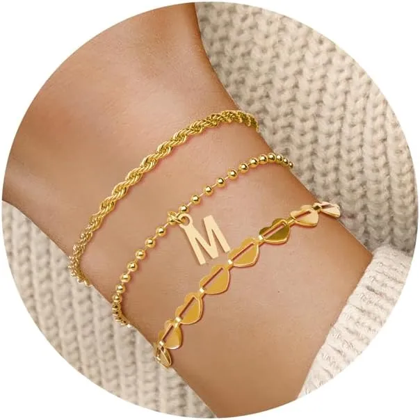 3PCS Gold Initial Bracelets for Women Gold Charm Plated Bracelet Stack Stackable 14k Gold Letter Chain Heart Bracelet Women Gold Jewelry Beaded Bracelet Gifts