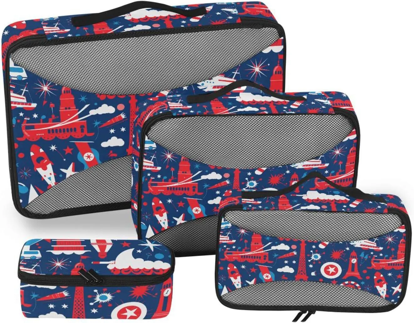 4 Pcs set bag organizer insert Mesh Travel Essentials Red and White 4th Of July Independence Day expandable cubes for diaper bag