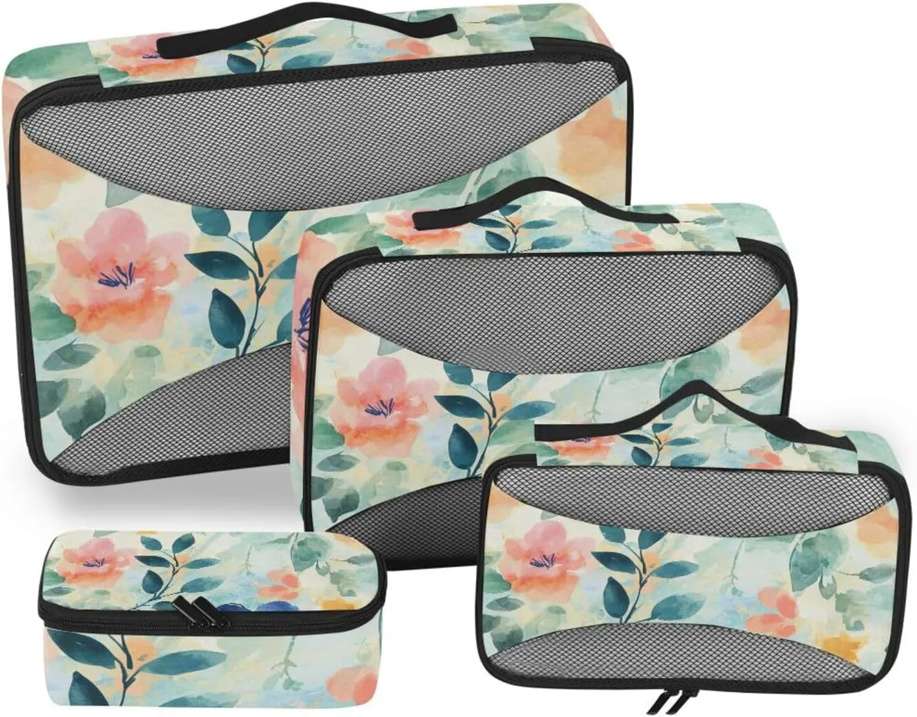 4 Pcs set bag organizer insert Mesh Travel Essentials Watercolor Art Green Leaves Flower portable packing cubes for diaper