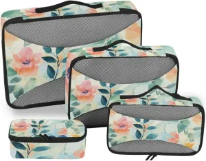 4 Pcs set bag organizer insert Mesh Travel Essentials Watercolor Art Green Leaves Flower portable packing cubes for diaper