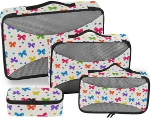 4 Pcs set organizer bags for Mesh Travel Essentials Cartoon Colorful Bow White expandable cubes for diaper bag