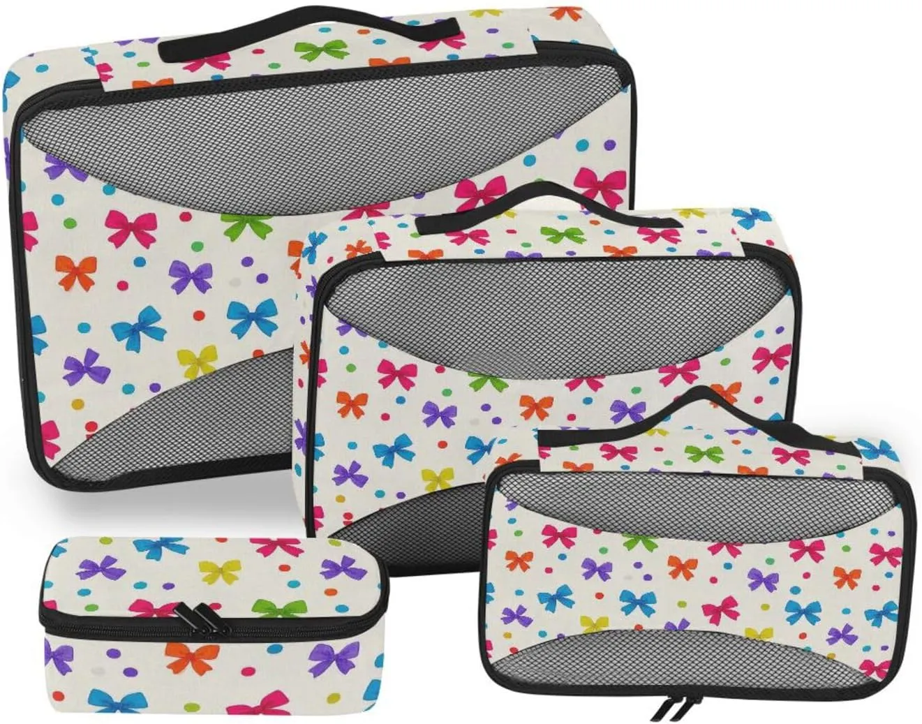 4 Pcs set organizer bags for Mesh Travel Essentials Cartoon Colorful Bow White expandable cubes for diaper bag