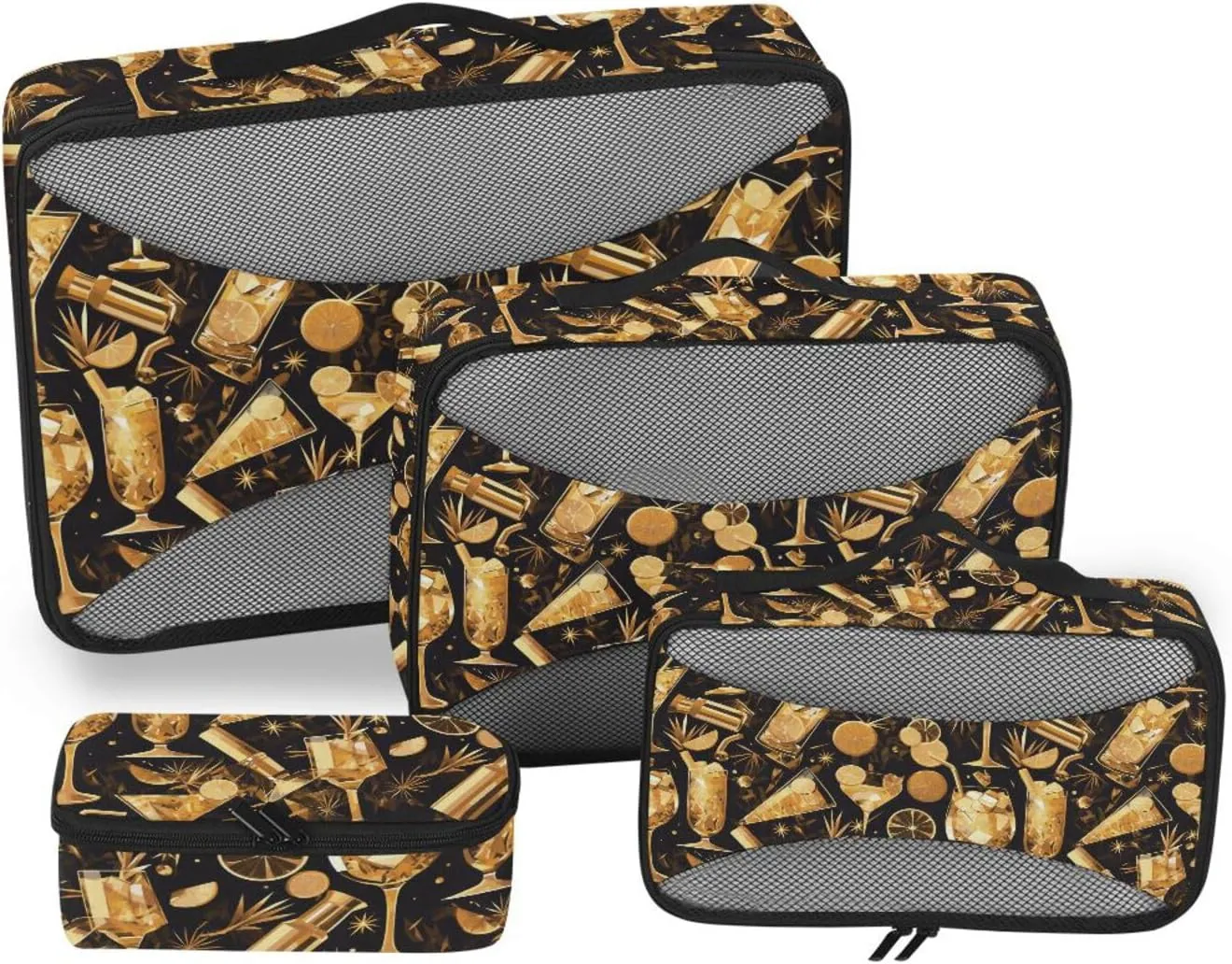4 Pcs set organizer bags set Mesh Travel Essentials Black and Gold Lemon Cocktail lightweight packing cubes for diaper