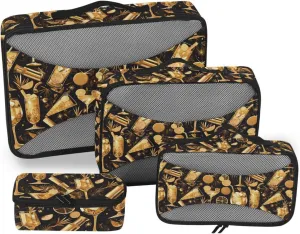 4 Pcs set organizer bags set Mesh Travel Essentials Black and Gold Lemon Cocktail lightweight packing cubes for diaper