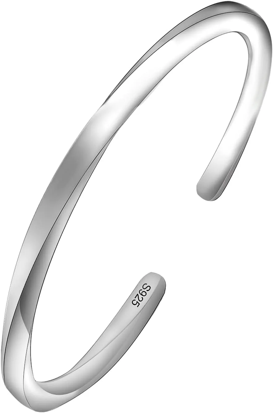 4mm Thick 925 Sterling Silver Twist Mobius Bracelet for Women Men, Adjustable Infinity Symbol Cuff Bangle, Birthday Christmas Jewelry Gift (2 Styles: High Polished & Retro)