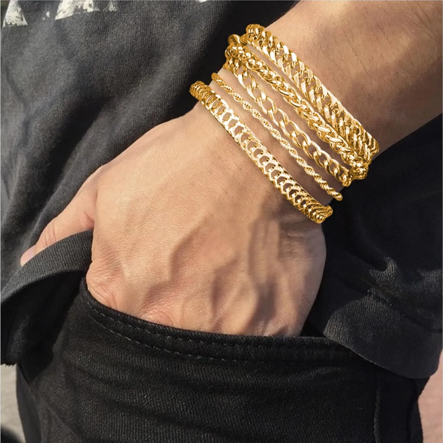 5 Pcs Stainless Steel Chain Bracelet for Men Women Cuban Curb Width Link Chain Bracelets Set Men Jewelry Gifts for Dad Boyfriend Husband, 7/7.5/8.3/9 Inch