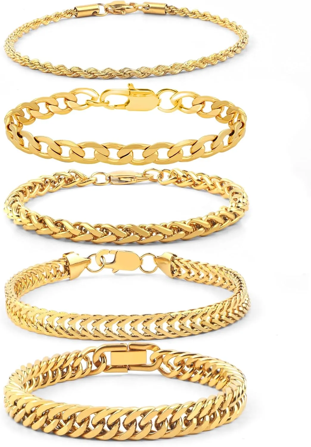 5 Pcs Stainless Steel Chain Bracelet for Men Women Cuban Curb Width Link Chain Bracelets Set Men Jewelry Gifts for Dad Boyfriend Husband, 7/7.5/8.3/9 Inch