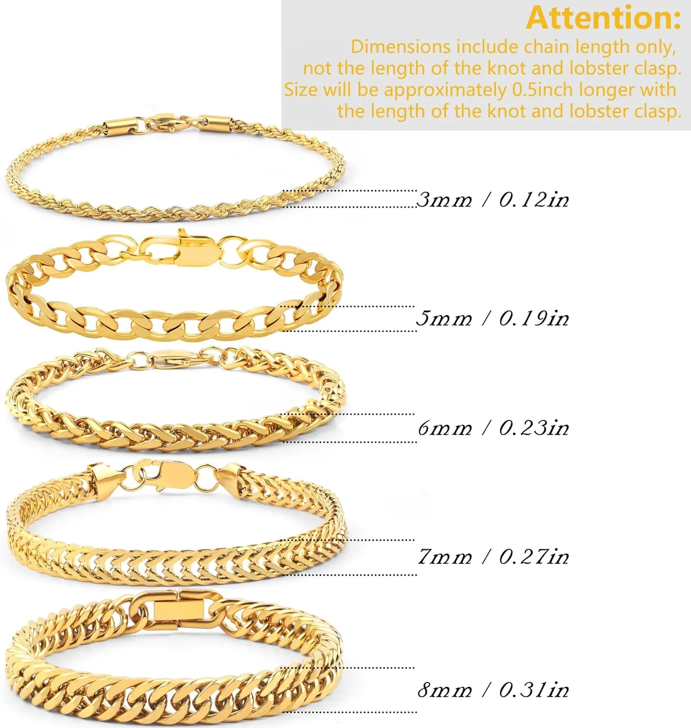 5 Pcs Stainless Steel Chain Bracelet for Men Women Cuban Curb Width Link Chain Bracelets Set Men Jewelry Gifts for Dad Boyfriend Husband, 7/7.5/8.3/9 Inch