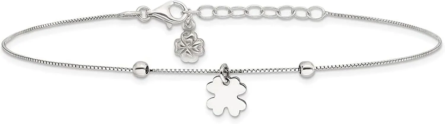 925 Sterling Silver Clover Dangle with 1in ext. Anklet, 9" Length