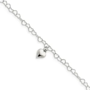 925 Sterling Silver Polished Fancy Link Puffed Heart with 9" Length with 1" Extender Anklet