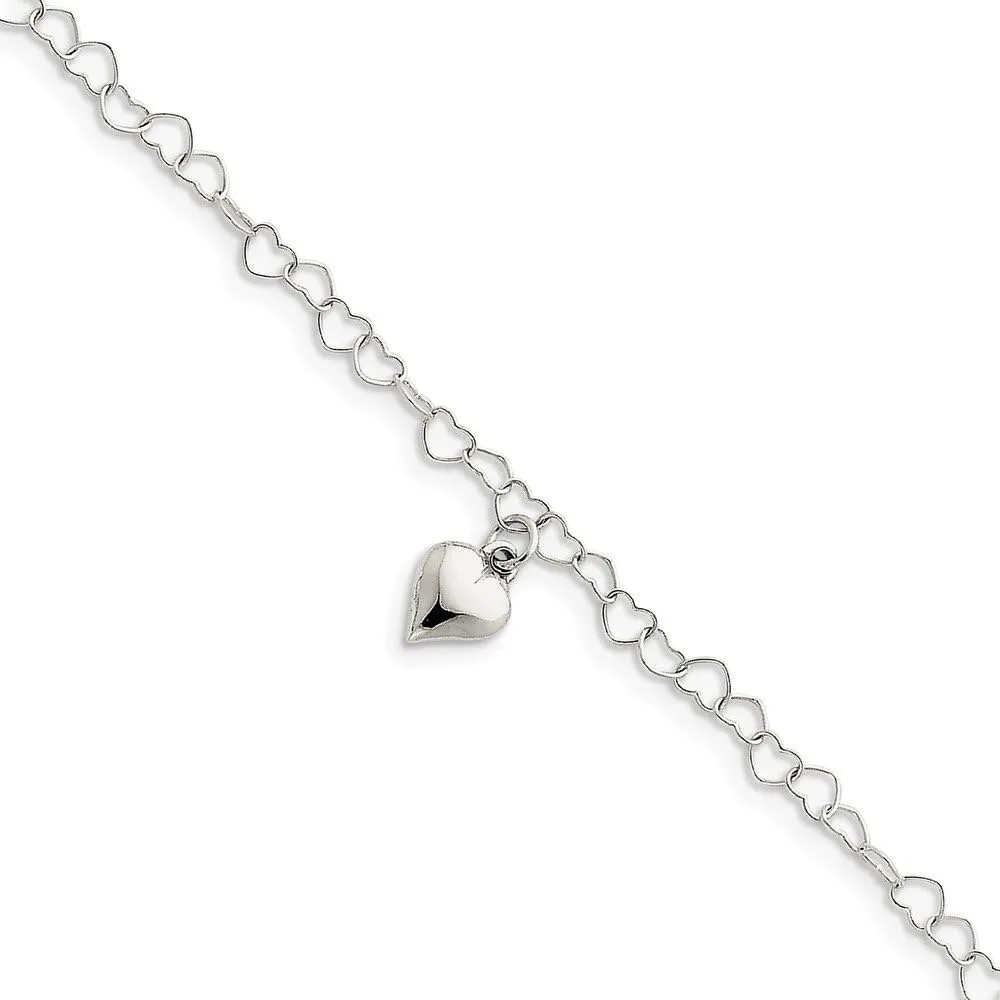 925 Sterling Silver Polished Fancy Link Puffed Heart with 9" Length with 1" Extender Anklet