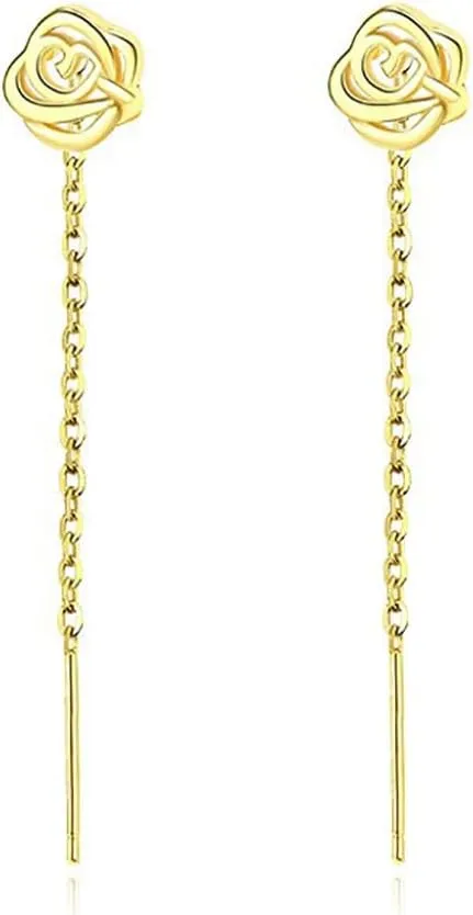 925 Sterling Silver Rose Flower Dangle Chain Earrings Drops for Women Teens Small Flower Dangle Earrings Tassel Threader Hypoallergenic