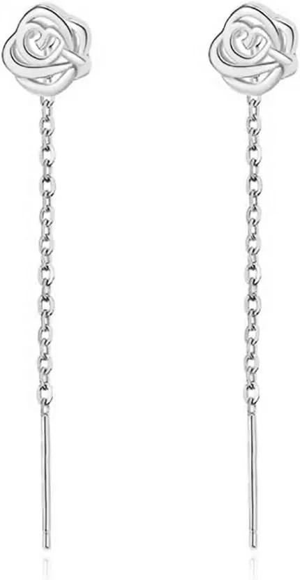 925 Sterling Silver Rose Flower Dangle Chain Earrings Drops for Women Teens Small Flower Dangle Earrings Tassel Threader Hypoallergenic