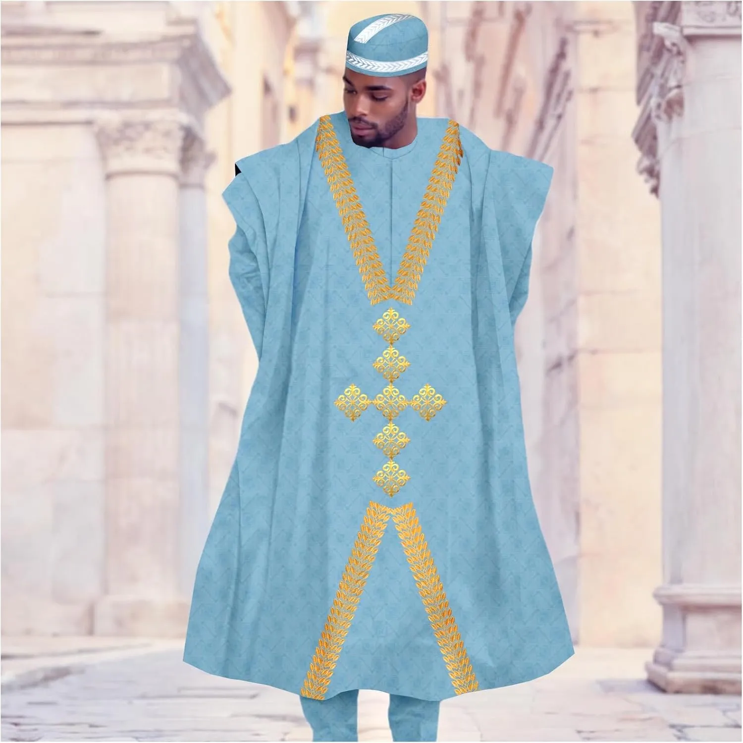 African Men Traditional Clothing Embroidery Agbada Robe Shirts Pants and Hats 4 Piece Set for Wedding