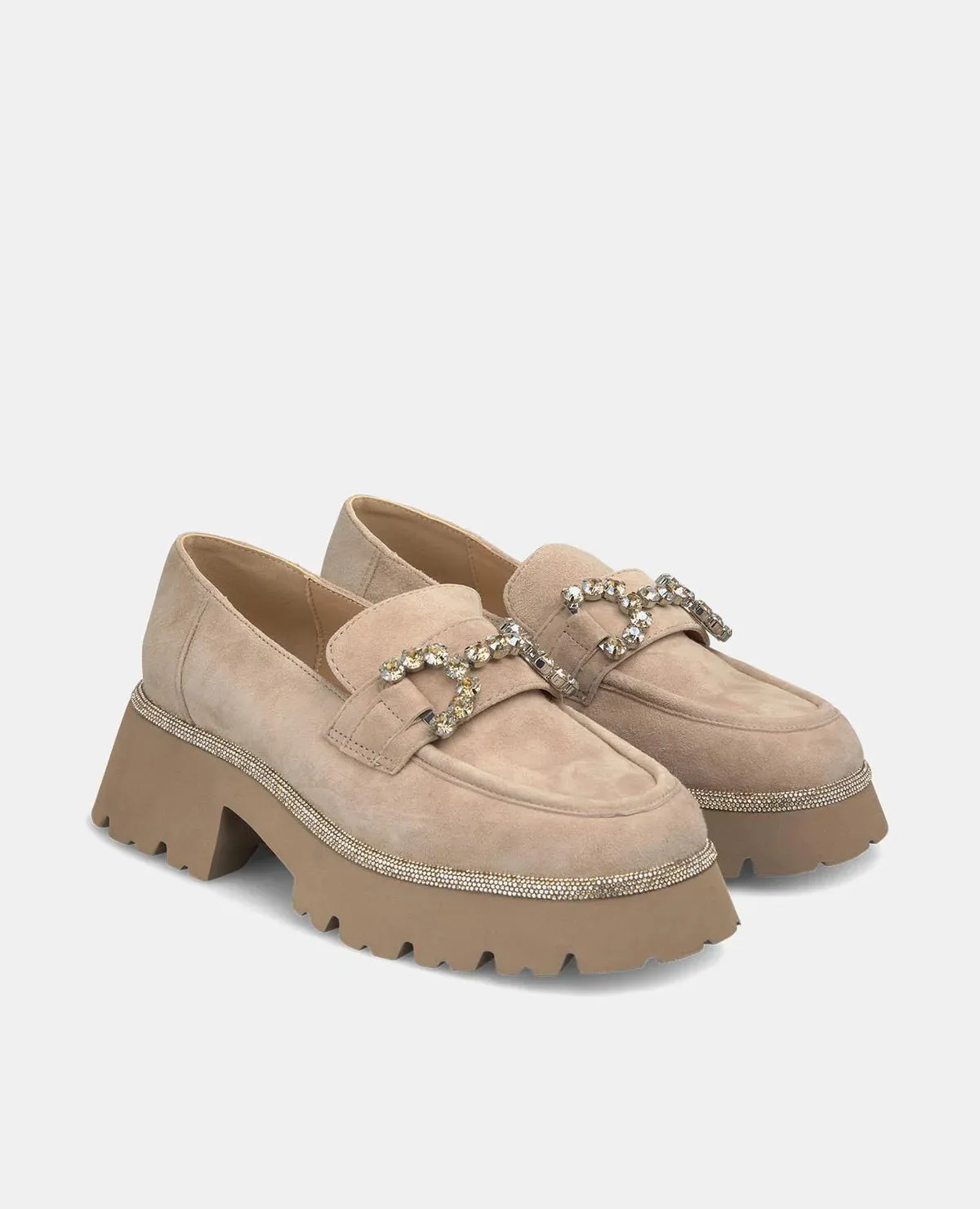 Alma en pena Beige loafer i semsket skinn med gull strasslenke og strass rundt kanten