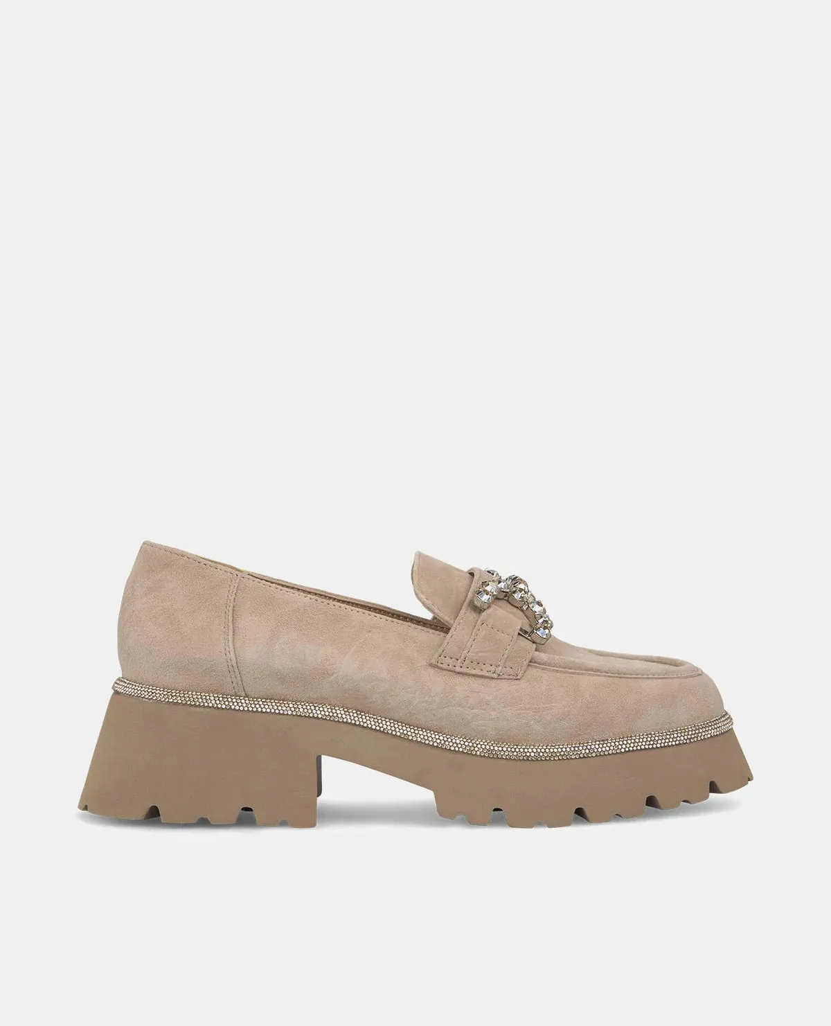 Alma en pena Beige loafer i semsket skinn med gull strasslenke og strass rundt kanten