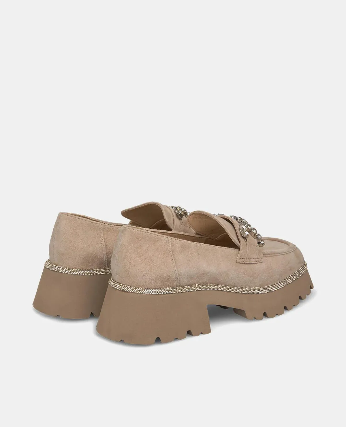 Alma en pena Beige loafer i semsket skinn med gull strasslenke og strass rundt kanten