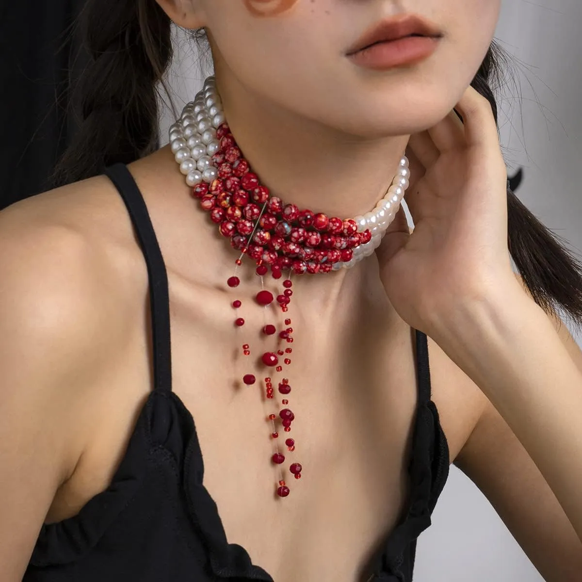 ALoveSoul Halloween Layered Pearls Victorian Style Gothic Blood Drops Tassel Collar Necklace/Bracelet/Earrings