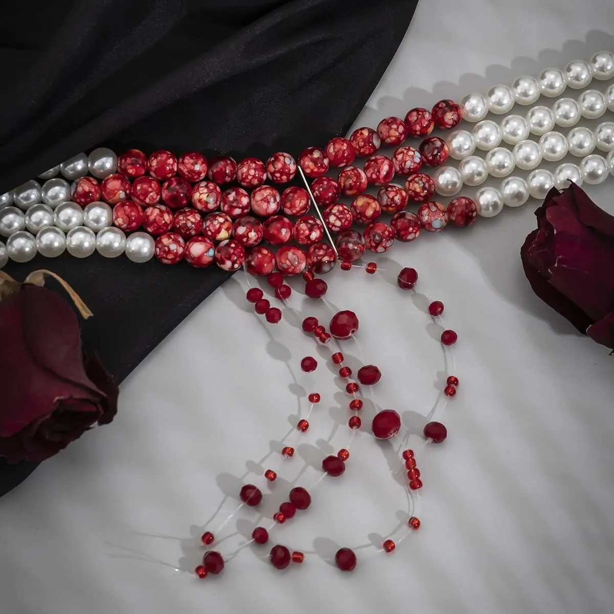 ALoveSoul Halloween Layered Pearls Victorian Style Gothic Blood Drops Tassel Collar Necklace/Bracelet/Earrings
