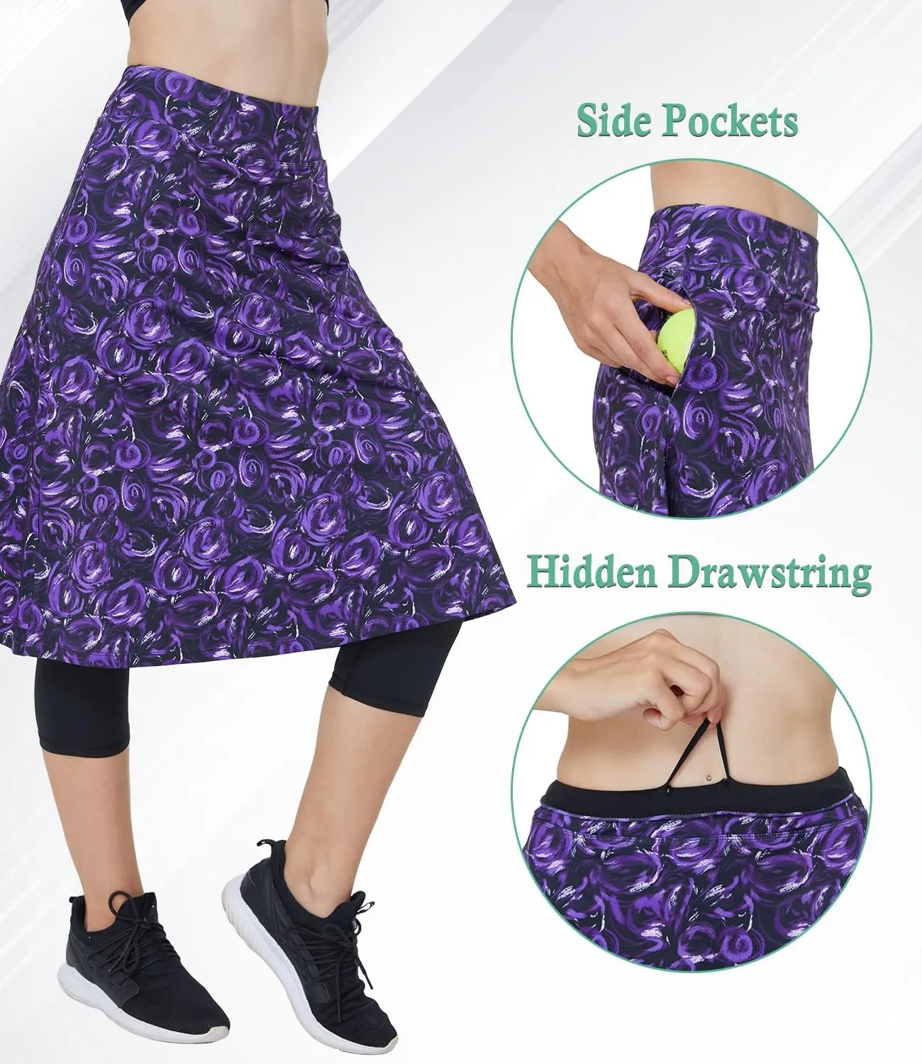 Alvon Women's Skirted Capri Leggings with Pockets - Golf Skirts with Cropped Leggings