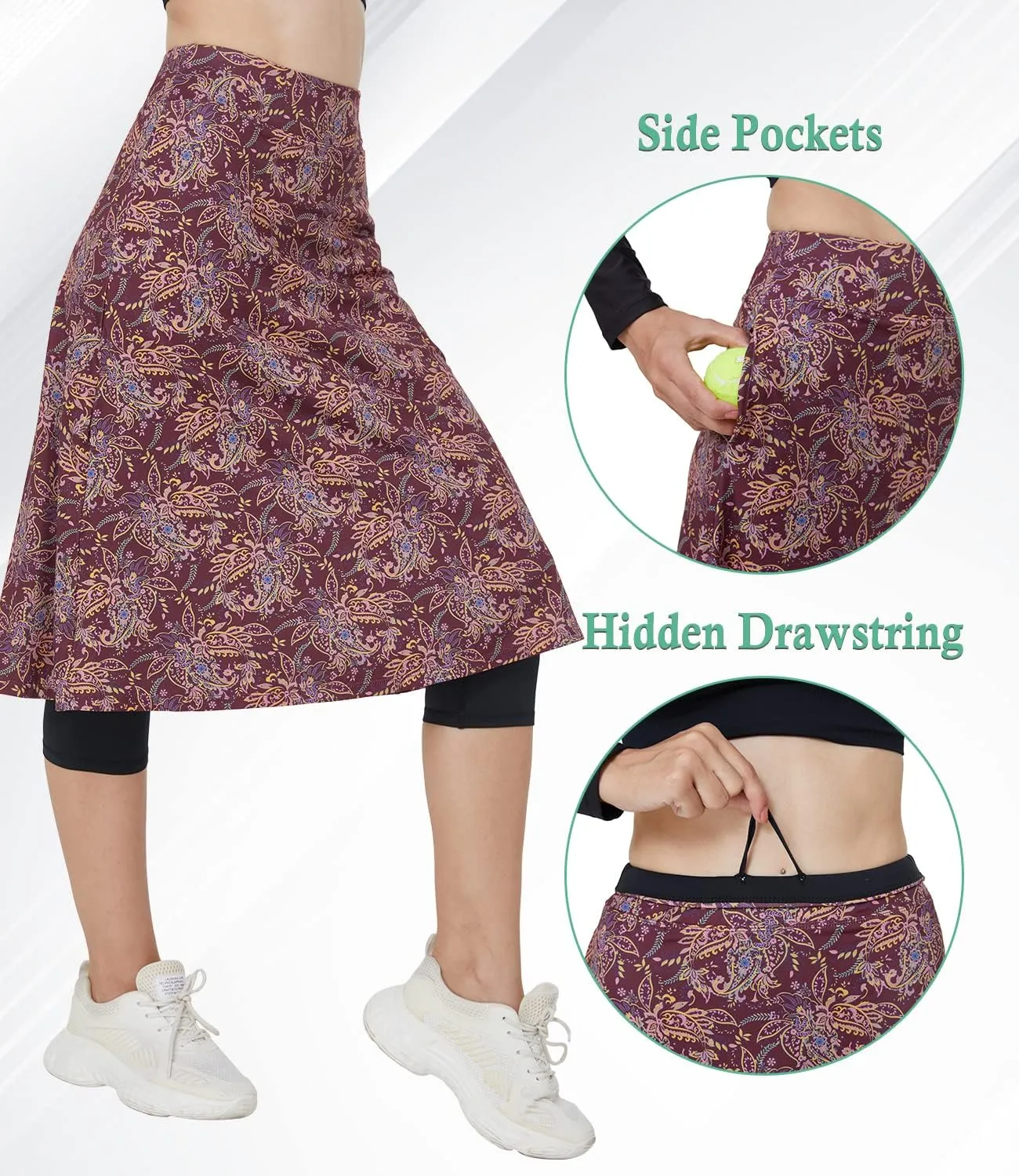 Alvon Women's Skirted Capri Leggings with Pockets - Golf Skirts with Cropped Leggings